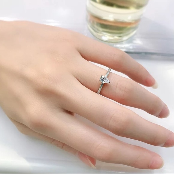 Moissanite & 925 Sterling Silver Half Eternity Solitaire Pear Cut Stacking Ring - Picture 2 of 11